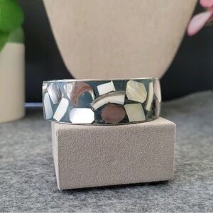 Modernist Mosaic Inlay Wide Cuff Bracelet Multicolor Statement 6.25in